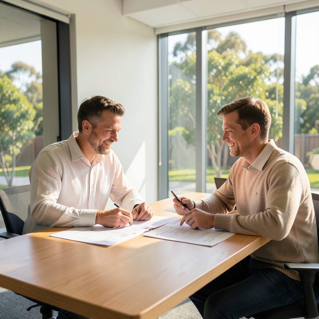 Two consultants reviewing policy drafts in a sunlit Overstrand office