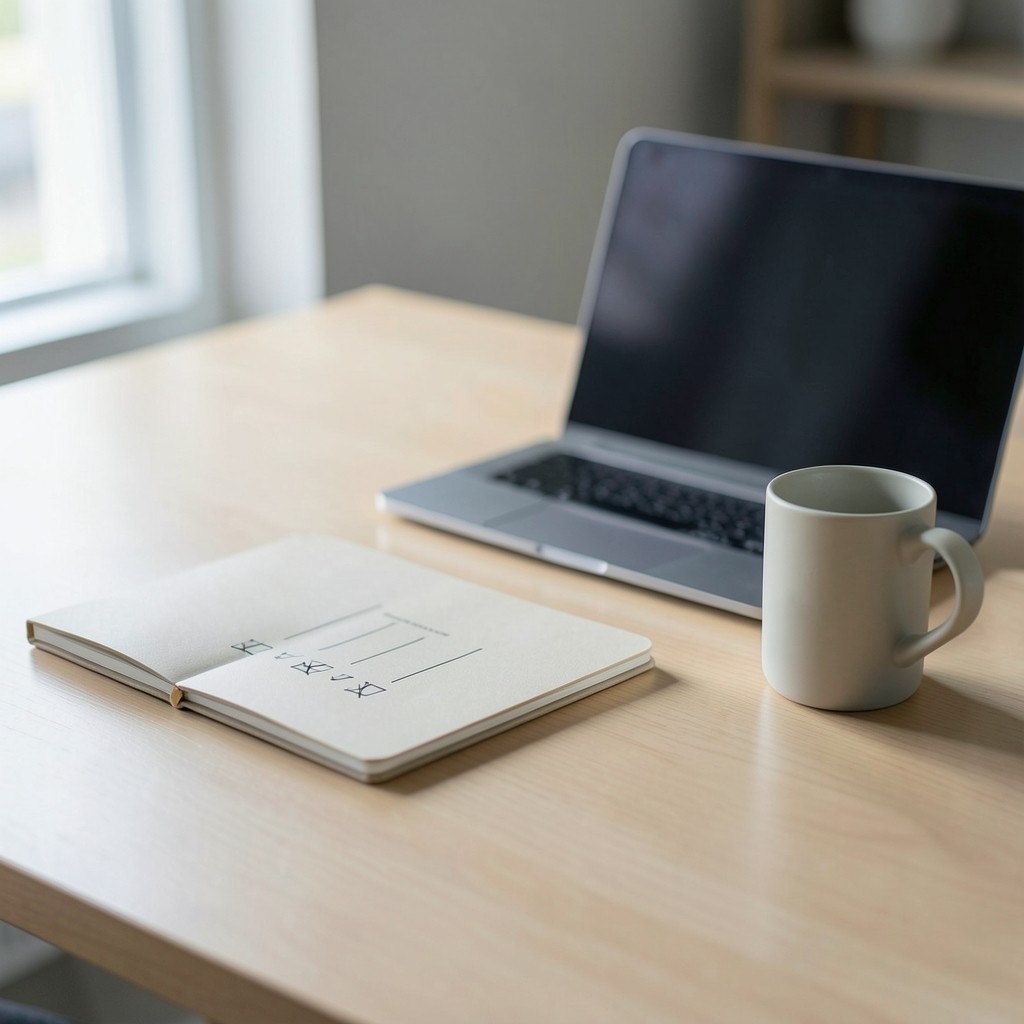 Notebook with handwritten checklist next to a laptop on a clean desk