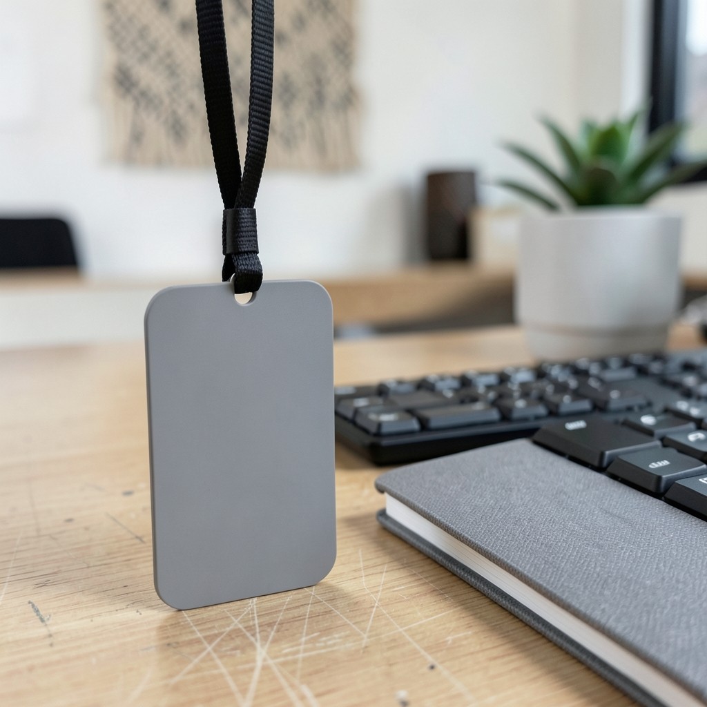 Close view of access badge and notebook beside a workstation