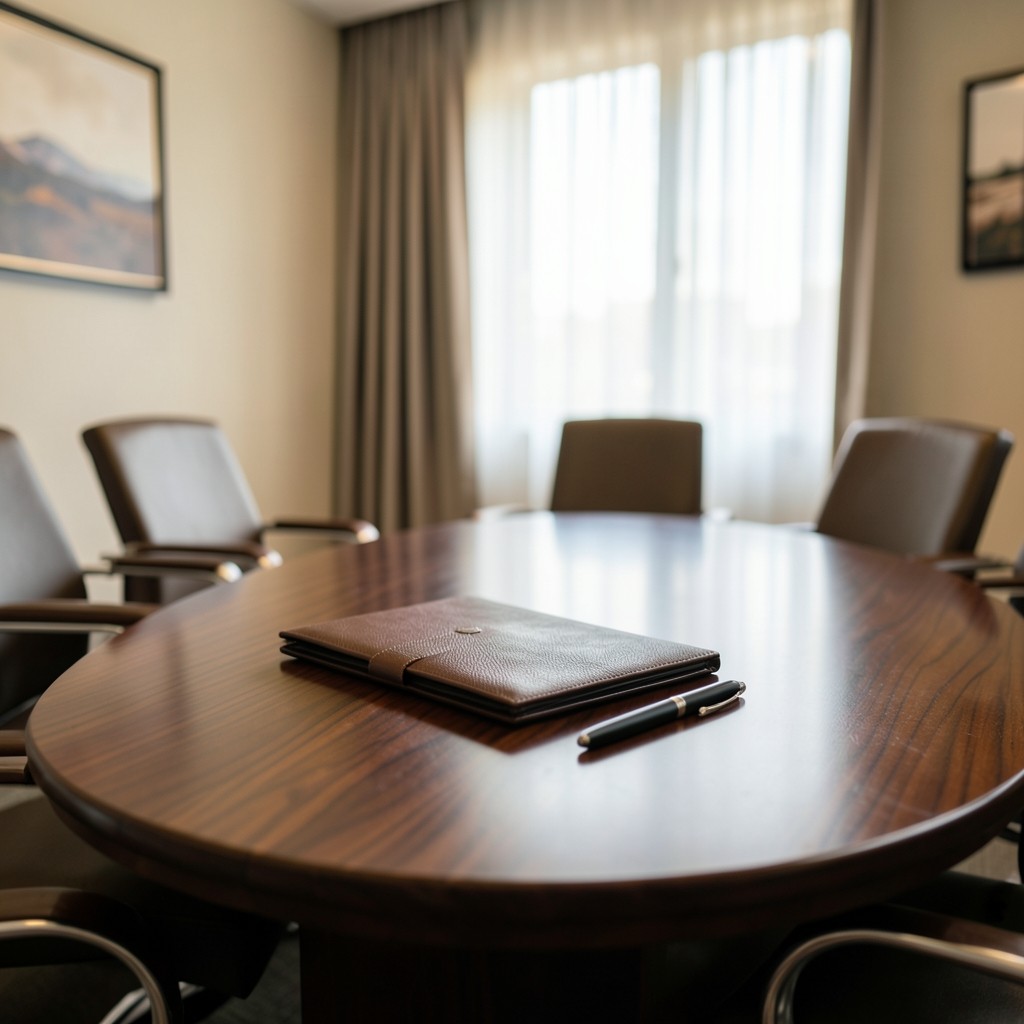 Printed briefing pack and pen on a conference table before a meeting