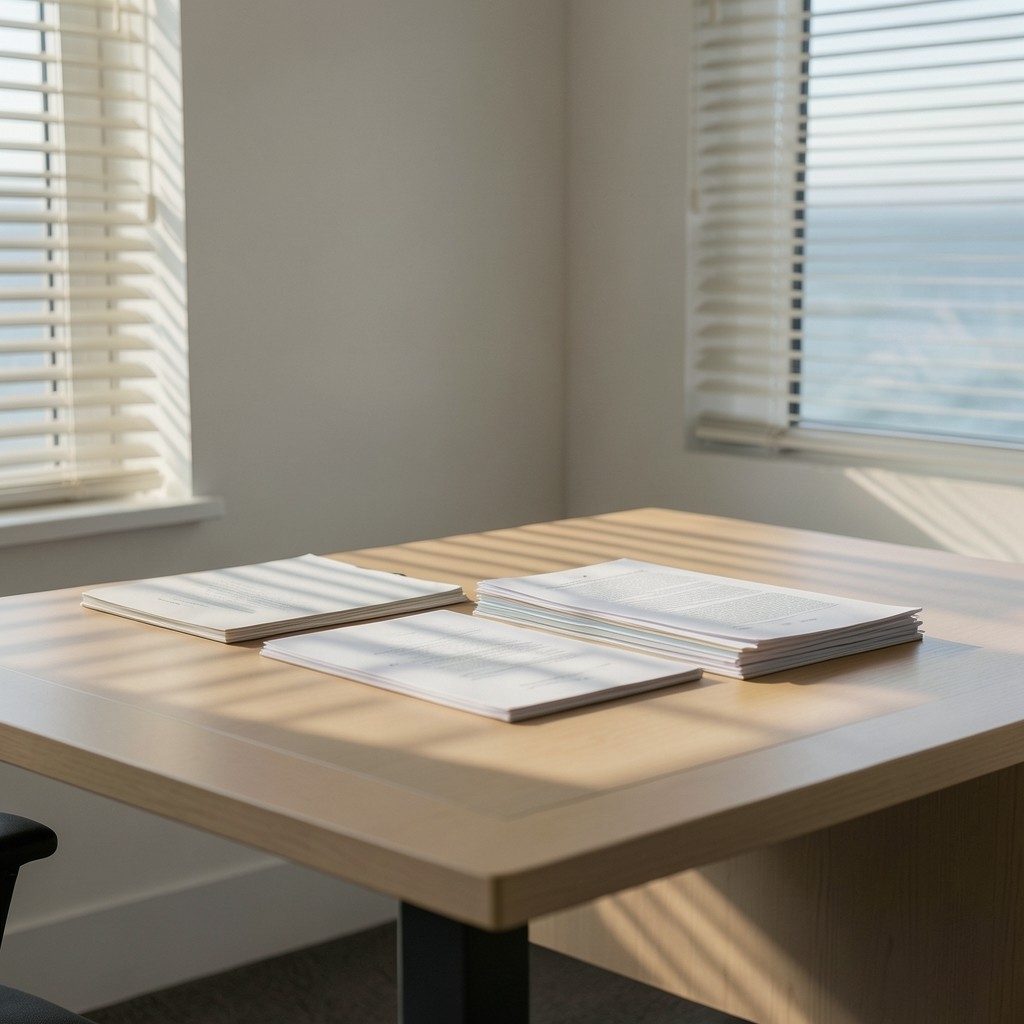 Quiet office corner with documents and soft coastal Overberg light through blinds
