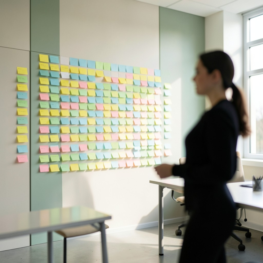 Workshop wall with sticky notes outlining policy owners and review dates