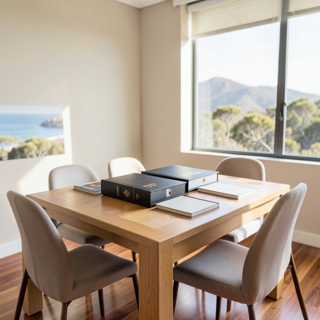 Bright consulting room overlooking quiet Overberg landscape with policy documents on the table