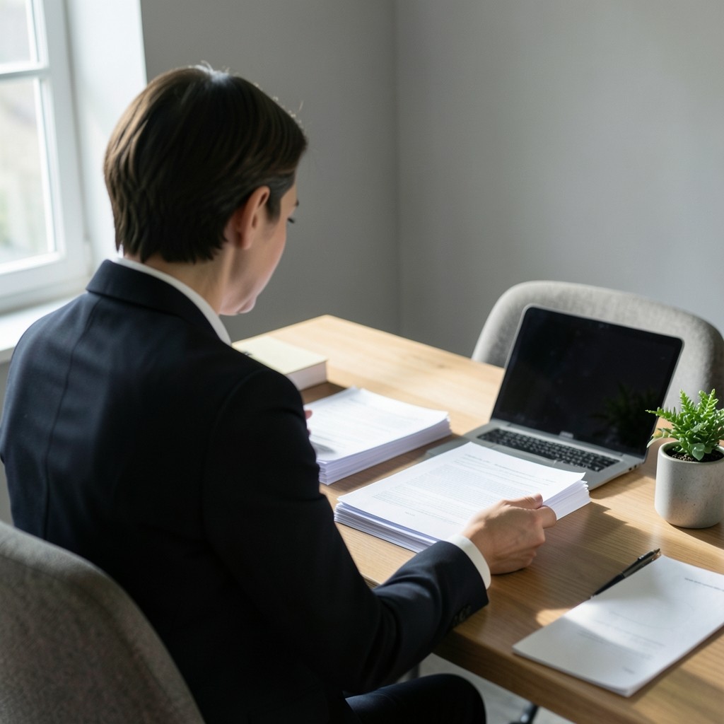 Reviewer comparing policy documents at a desk with soft natural light