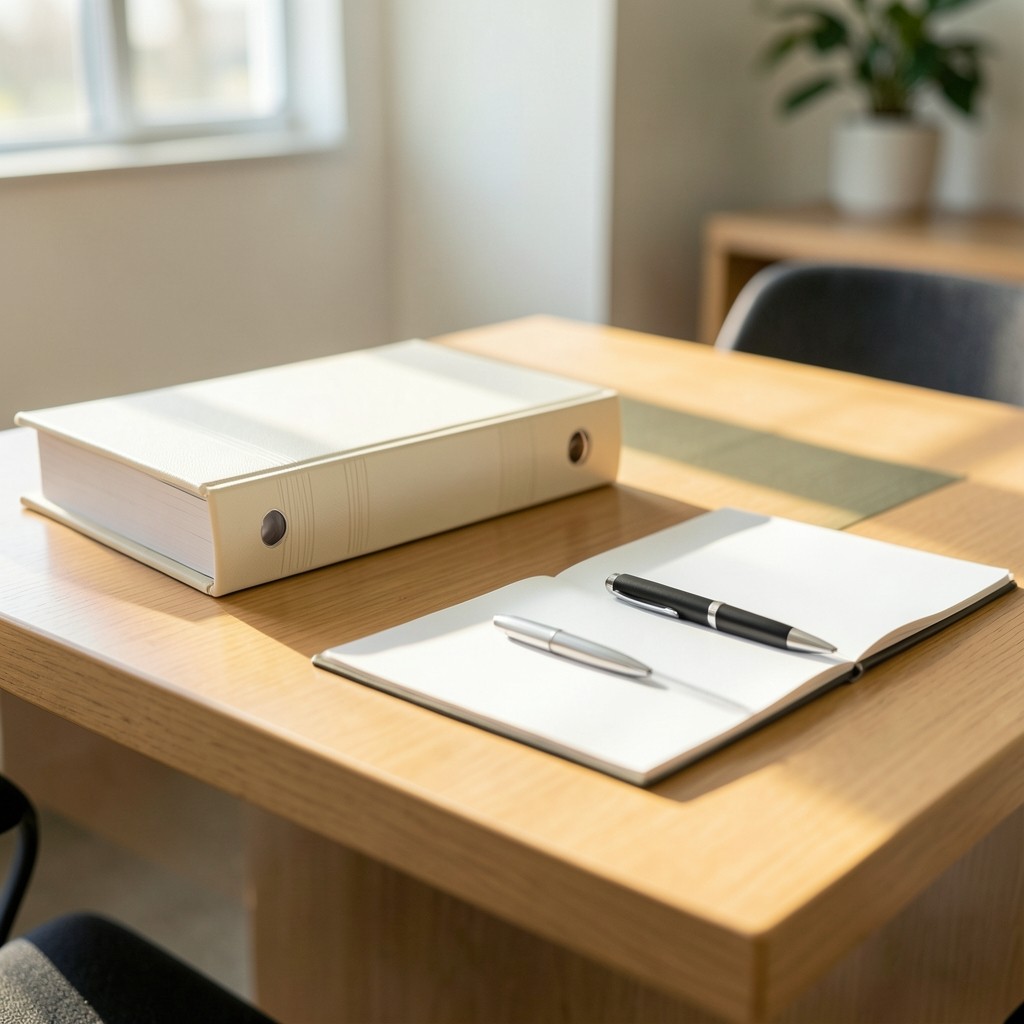 Consulting table with printed policy binders and notebooks in a bright South African office