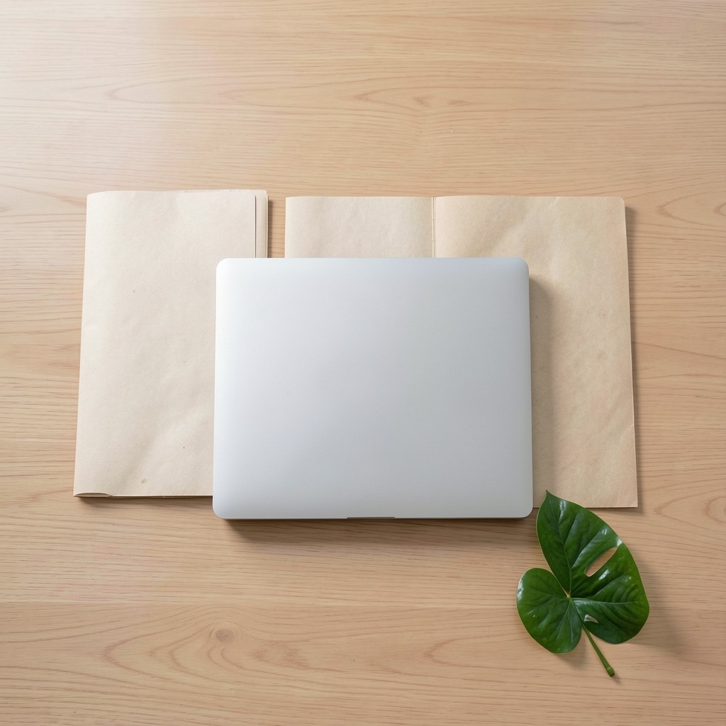 Updated policy folders arranged on a wooden desk beside a laptop