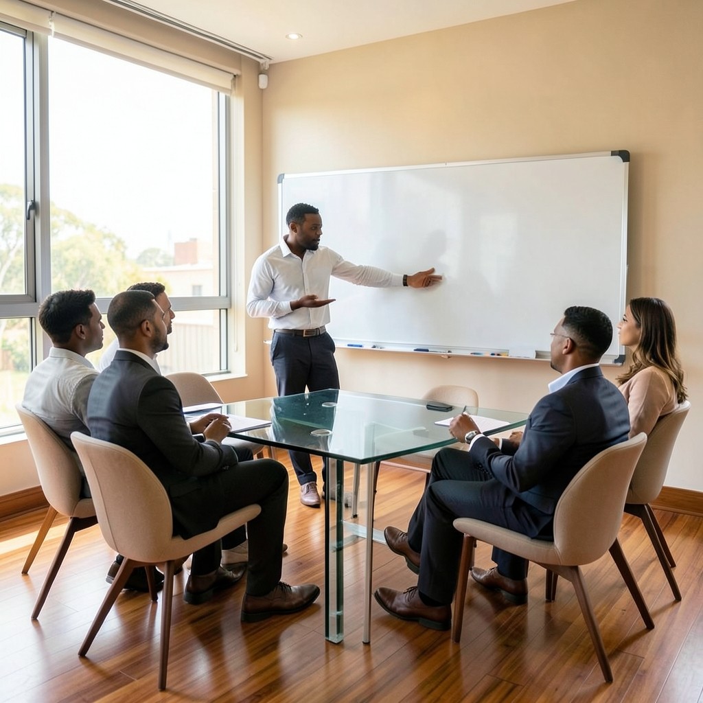 Facilitator leading a small staff briefing in a bright meeting room